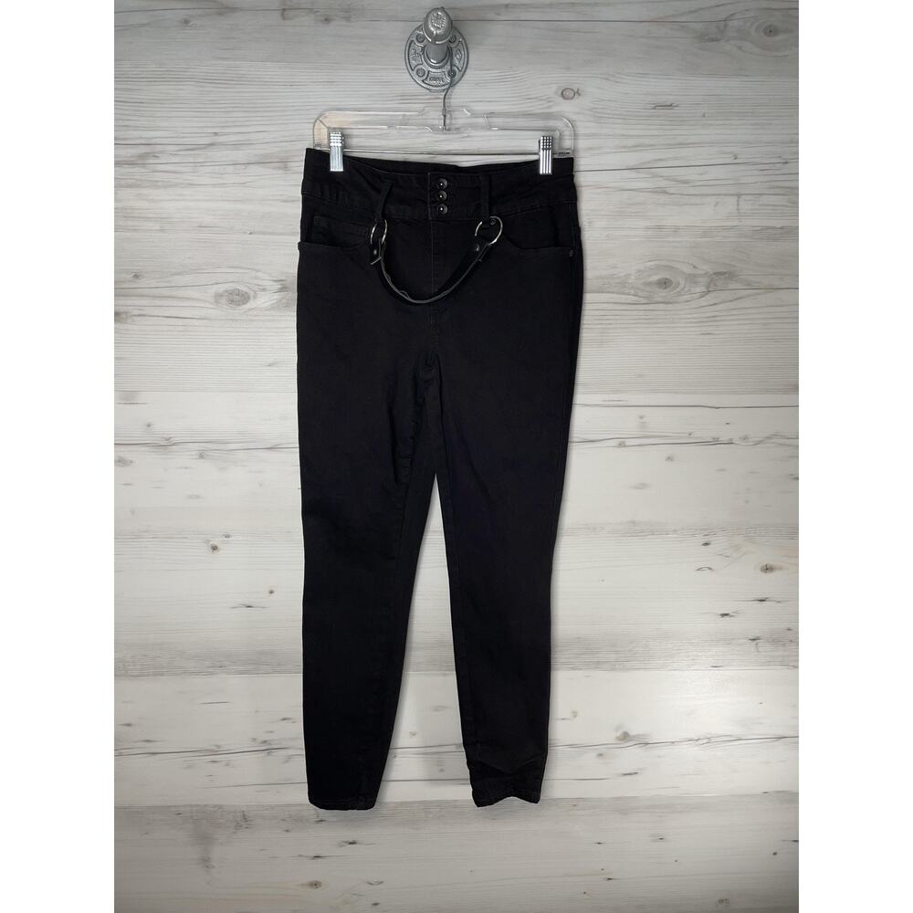 HT Denim Jeans Womens 9 Black‎ Hi-Rise Super Skinny O-Ring Strap Triple Button